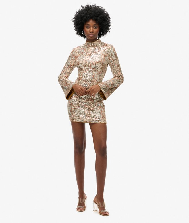 Long-Sleeved Printed Sequin Mini Dress