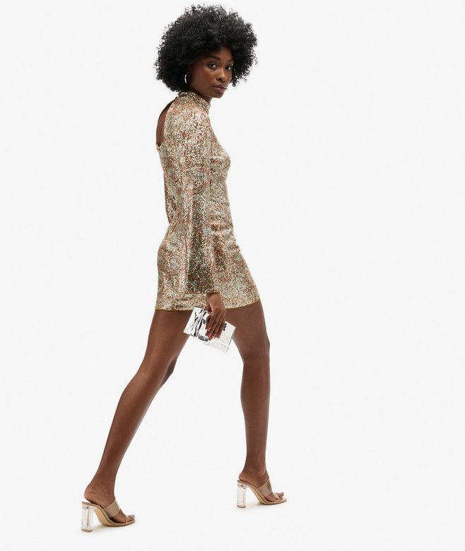 Long-Sleeved Printed Sequin Mini Dress