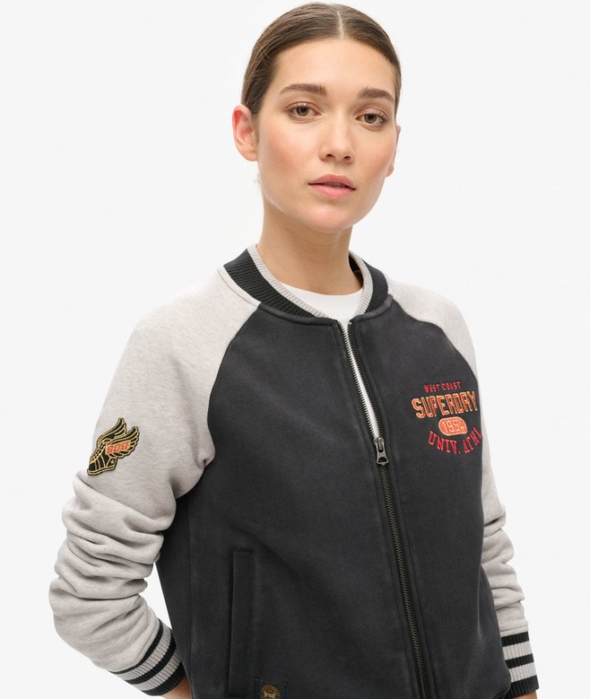 College Script Graphic Jersey Bomber Jacket