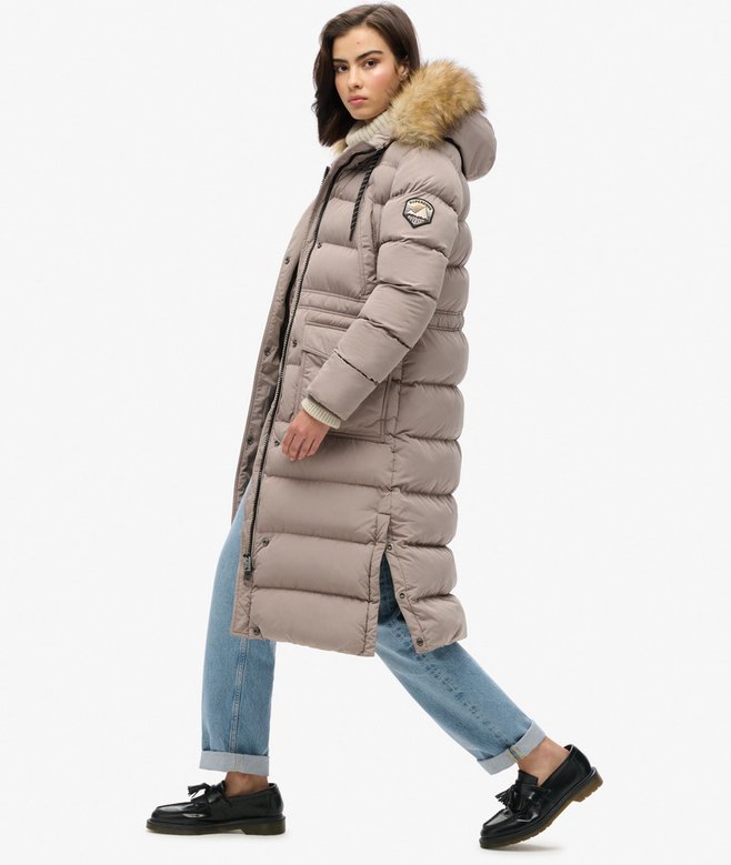 womens Everest Faux Fur Longline Coat in Deep Beige Slub Superdry IE