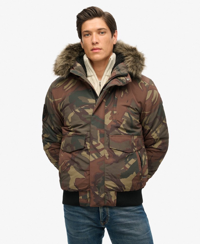mens Hooded Everest Puffer Bomber Jacket in ARMY CAMO | Superdry UK