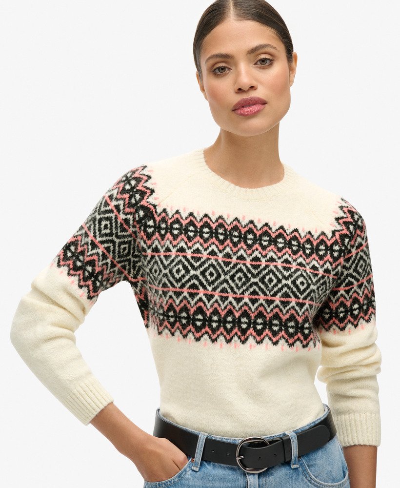 womens Fairisle Pattern Crew Jumper in Ecru Pattern Superdry UK