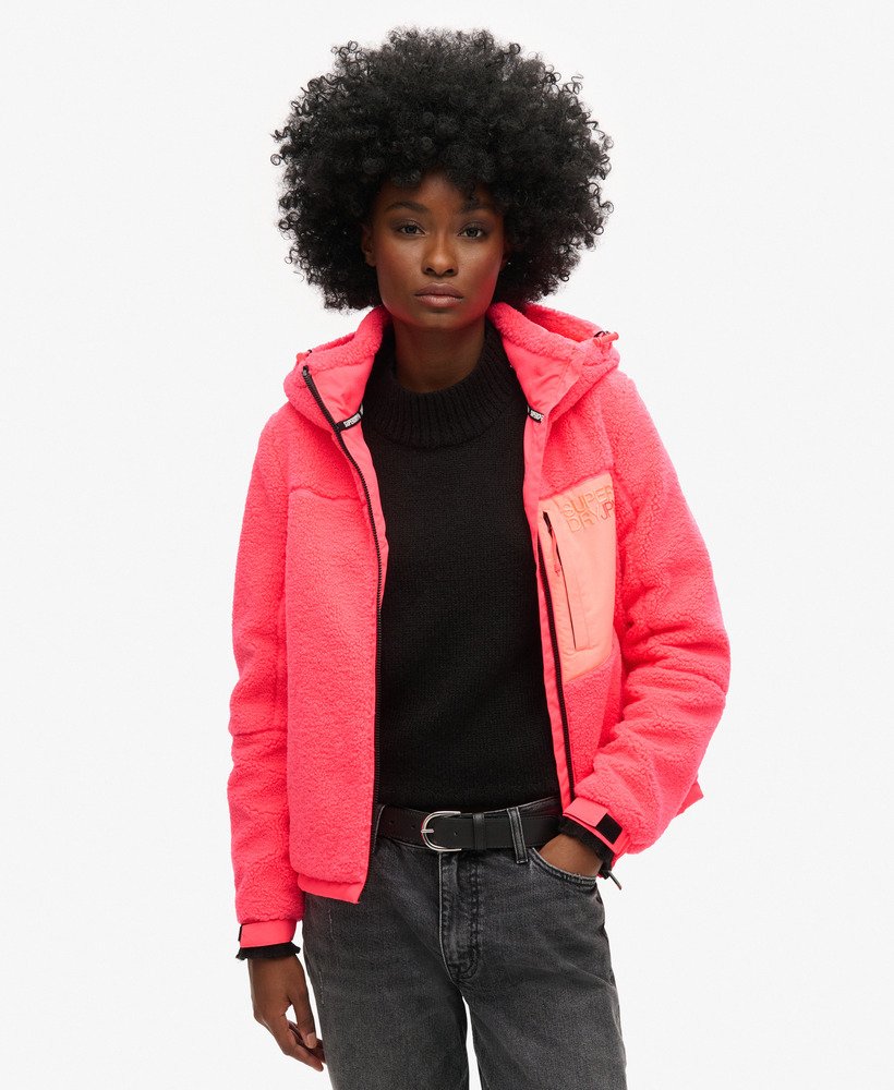 womens Hooded Fleece Trekker Jacket in HYPER FIRE PINK | Superdry