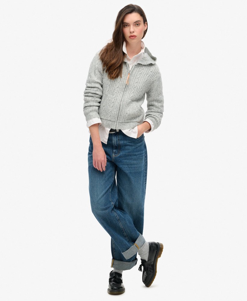 womens Cable Knit Zip Up Jumper in Cable Pale Grey Marl | Superdry