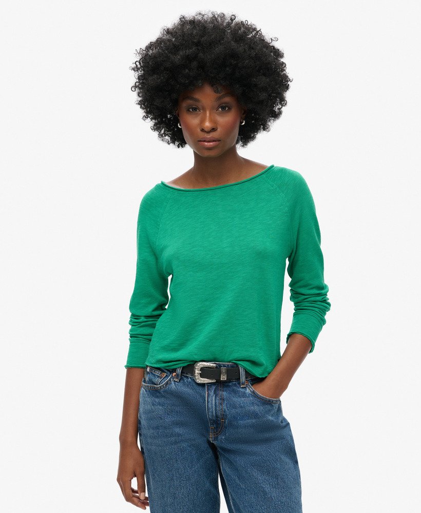 womens Long Sleeve French Terry Top in DROP KICK GREEN | Superdry US