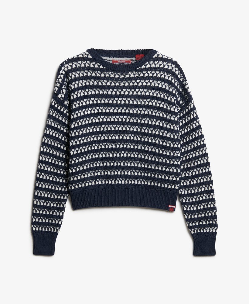 womens Stripe Crochet Cropped Crew Jumper in Deep Navy Stripe