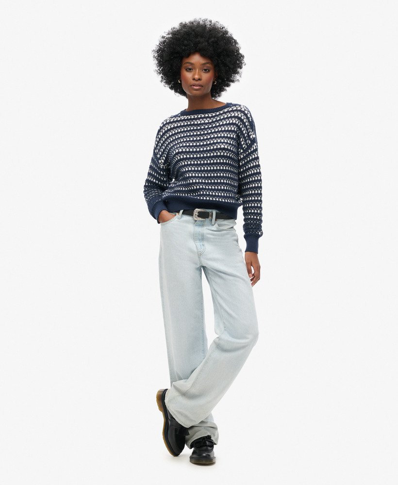 womens Stripe Crochet Cropped Crew Jumper in Deep Navy Stripe