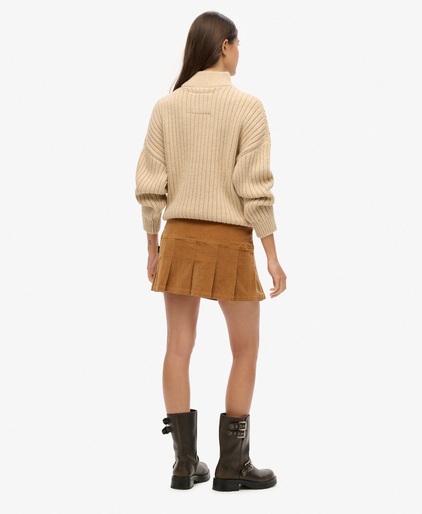 womens Vintage Cord Pleated Mini Skirt in Caramel Café