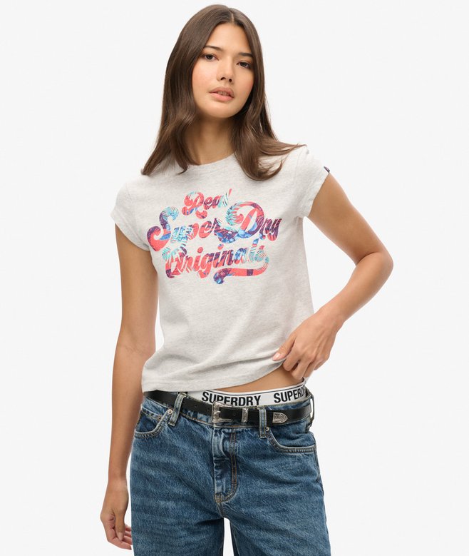 Floral Scripted Cap Sleeve T-Shirt