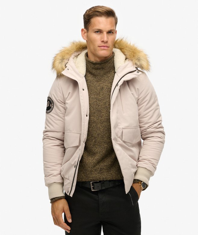 mens Hooded Everest Puffer Bomber Jacket in Chateau Beige | Superdry UK