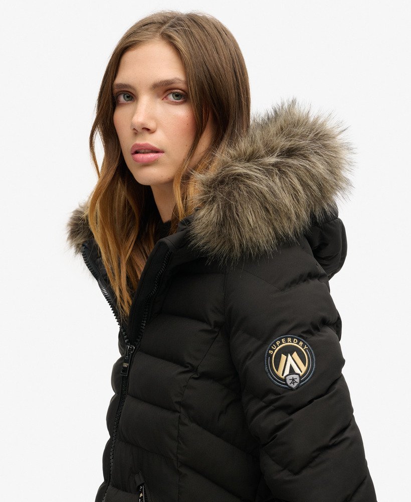 womens Fuji Faux Fur Hood Mid Length Puffer Coat in Black | Superdry US