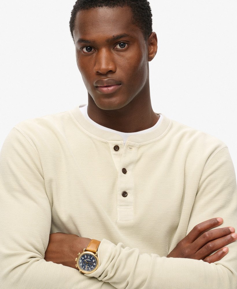 mens Waffle Long Sleeve Half Button Top in Light Stone Beige