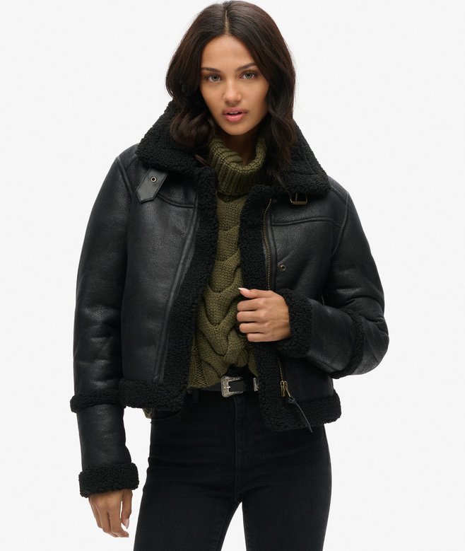 Veste aviateur courte en peau de mouton synthétiquenoir pour Femme
