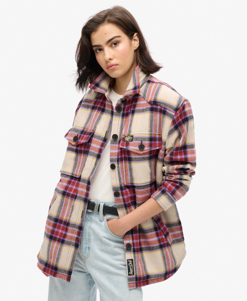 womens Borg Check Overshirt in Brown/Purple/Yellow Check