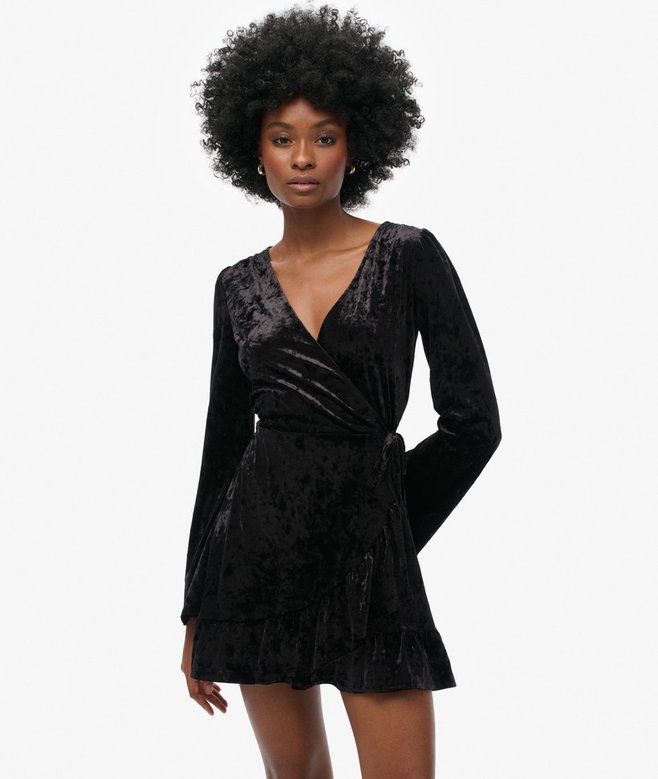 womens Velvet Wrap Mini Dress in Black | Superdry US