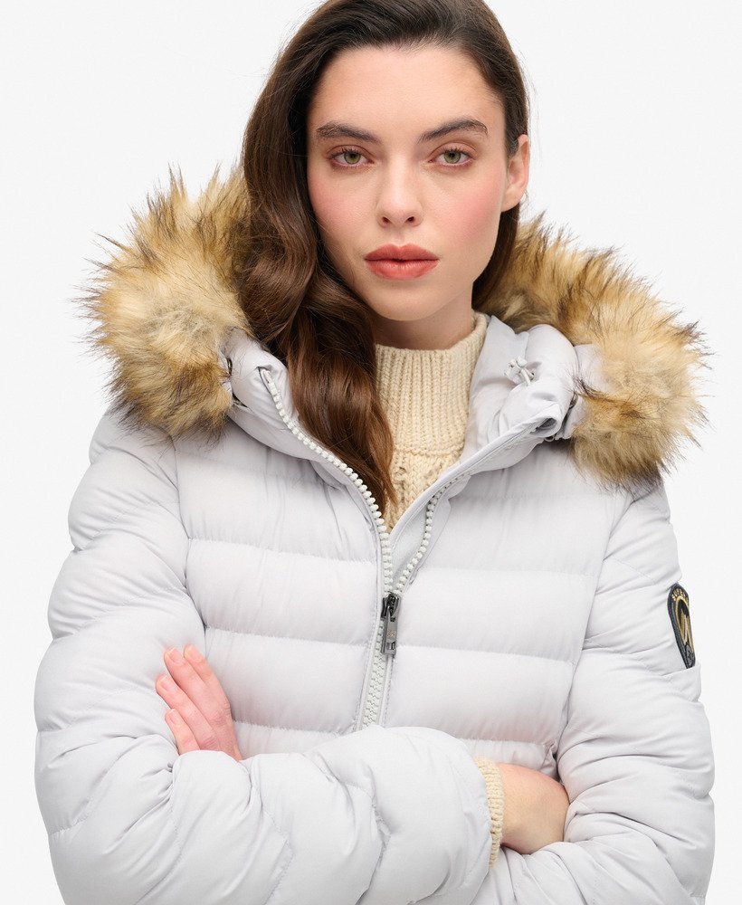 womens Fuji Faux Fur Hood Mid Length Puffer Coat in MOONLIGHT GREY