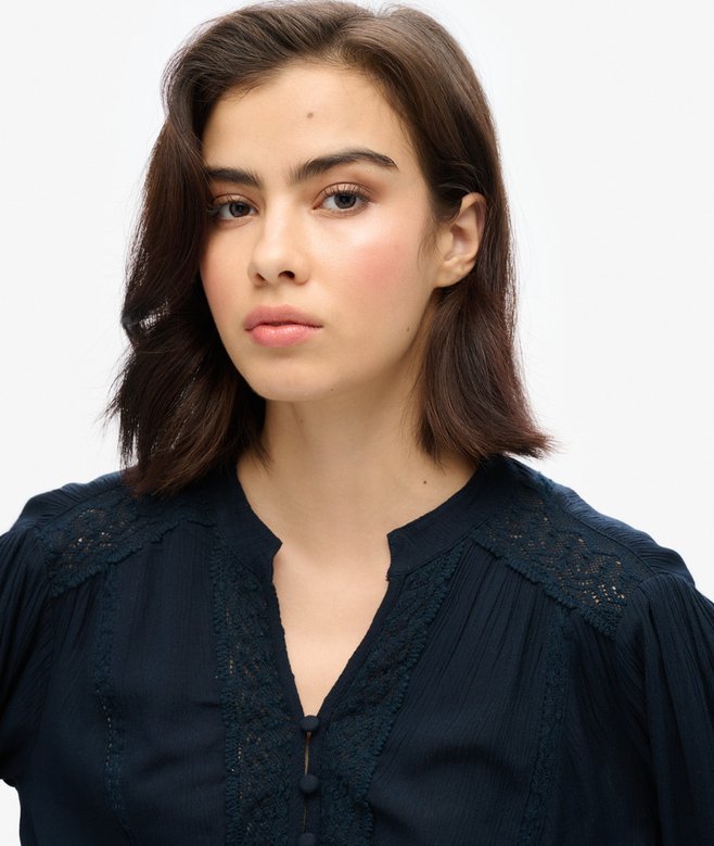Long Sleeve Lace Trim Smocked Blouse