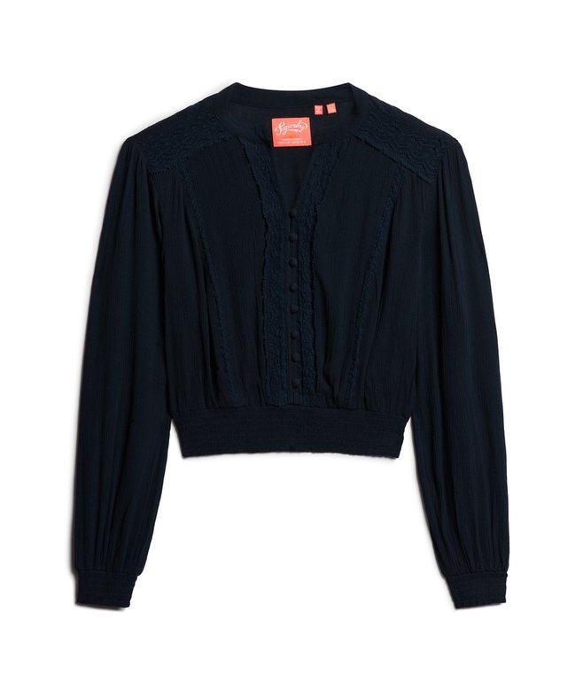 Long Sleeve Lace Trim Smocked Blouse