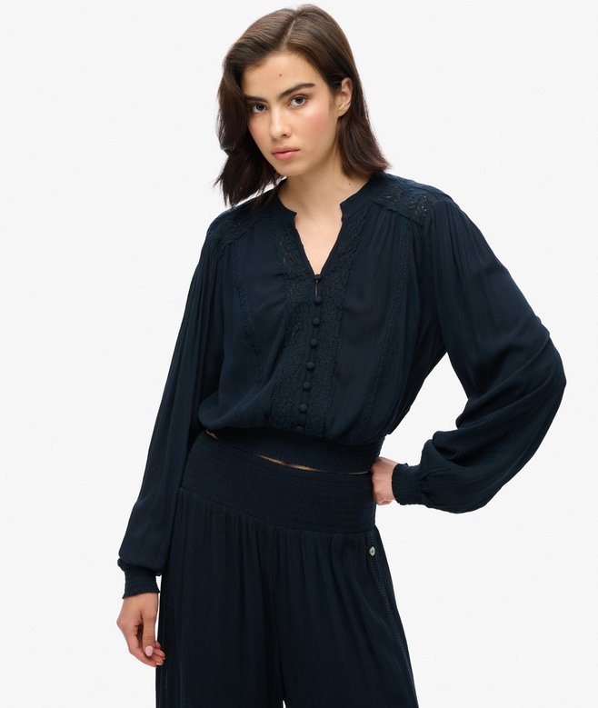 Long Sleeve Lace Trim Smocked Blouse