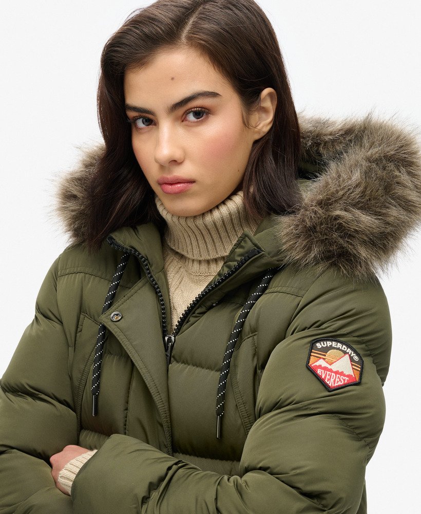 womens Everest Faux Fur Longline Coat in Army Khaki | Superdry US