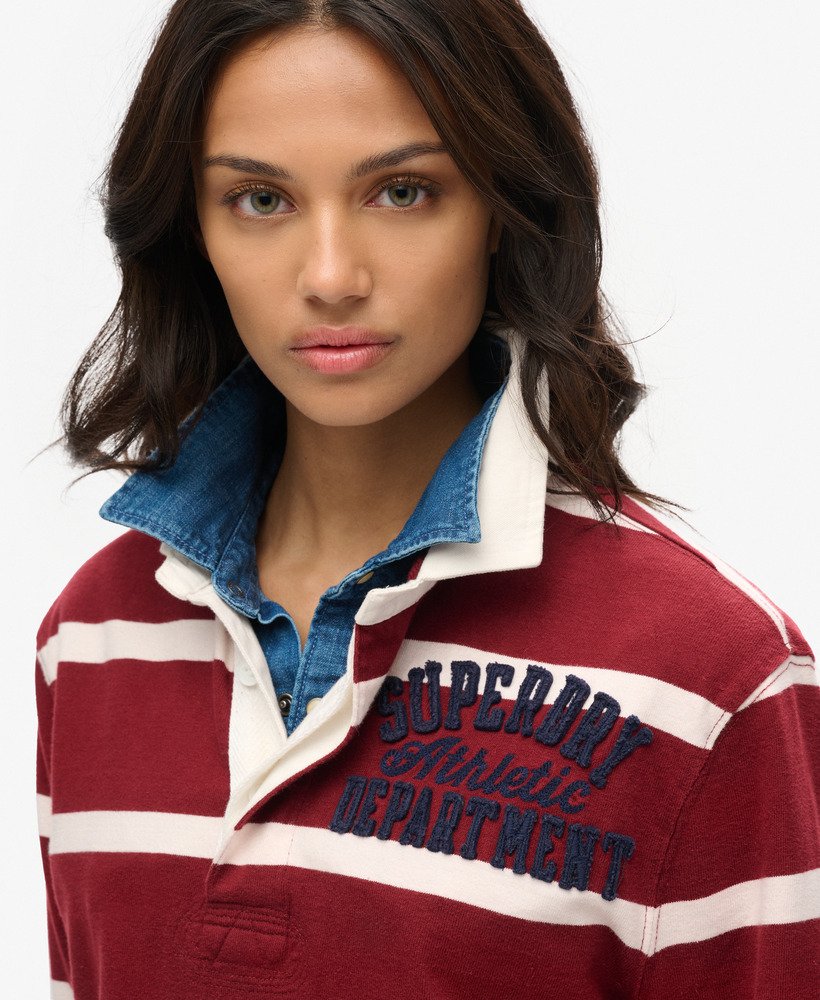 womens Oversized Athletic Rugby Top in Rich Burgundy/Cream Stripe ...