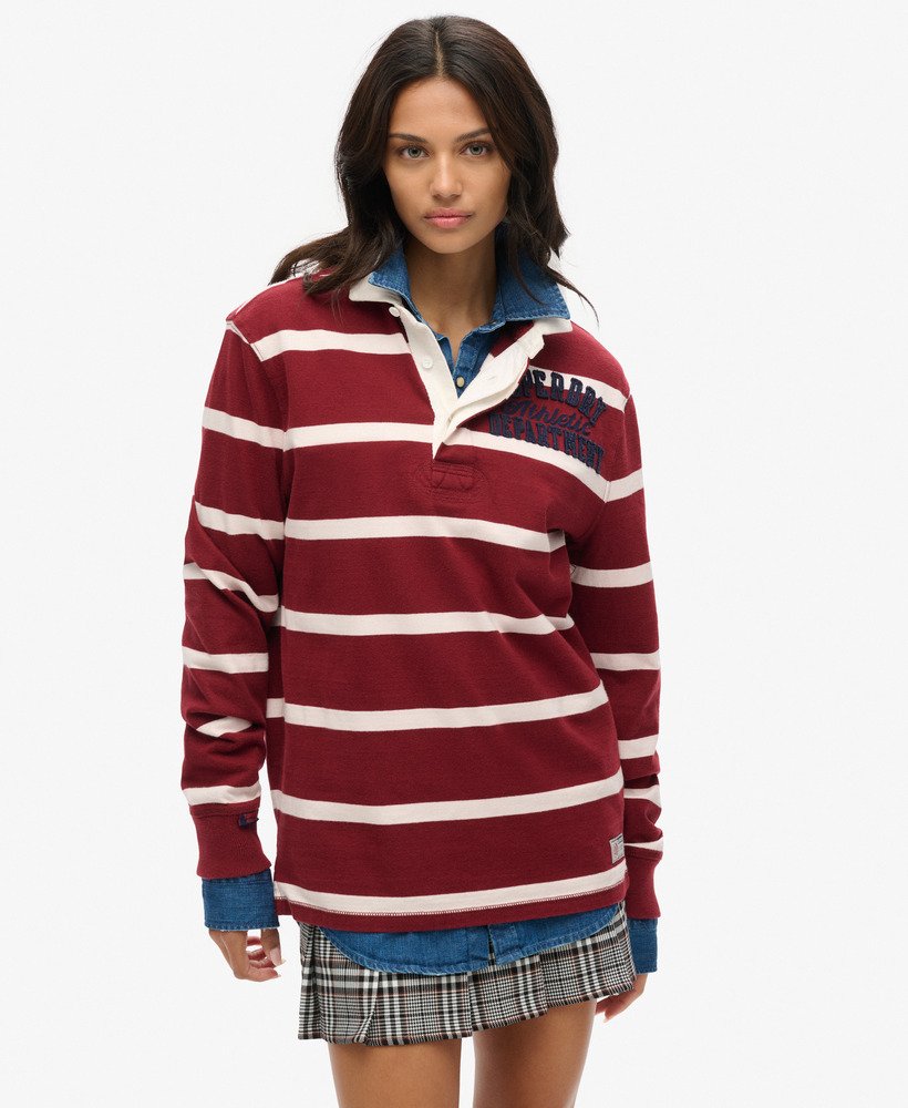 womens Oversized Athletic Rugby Top in Rich Burgundy/Cream Stripe ...