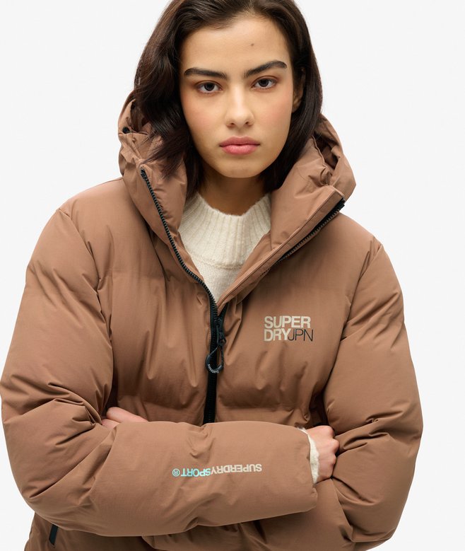 womens Hooded Boxy Puffer Jacket in Rawhide Brown Superdry