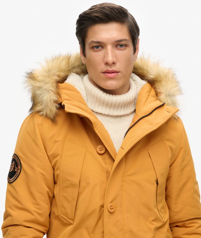 mens Everest Faux Fur Hooded Parka Coat in Mustard Yellow