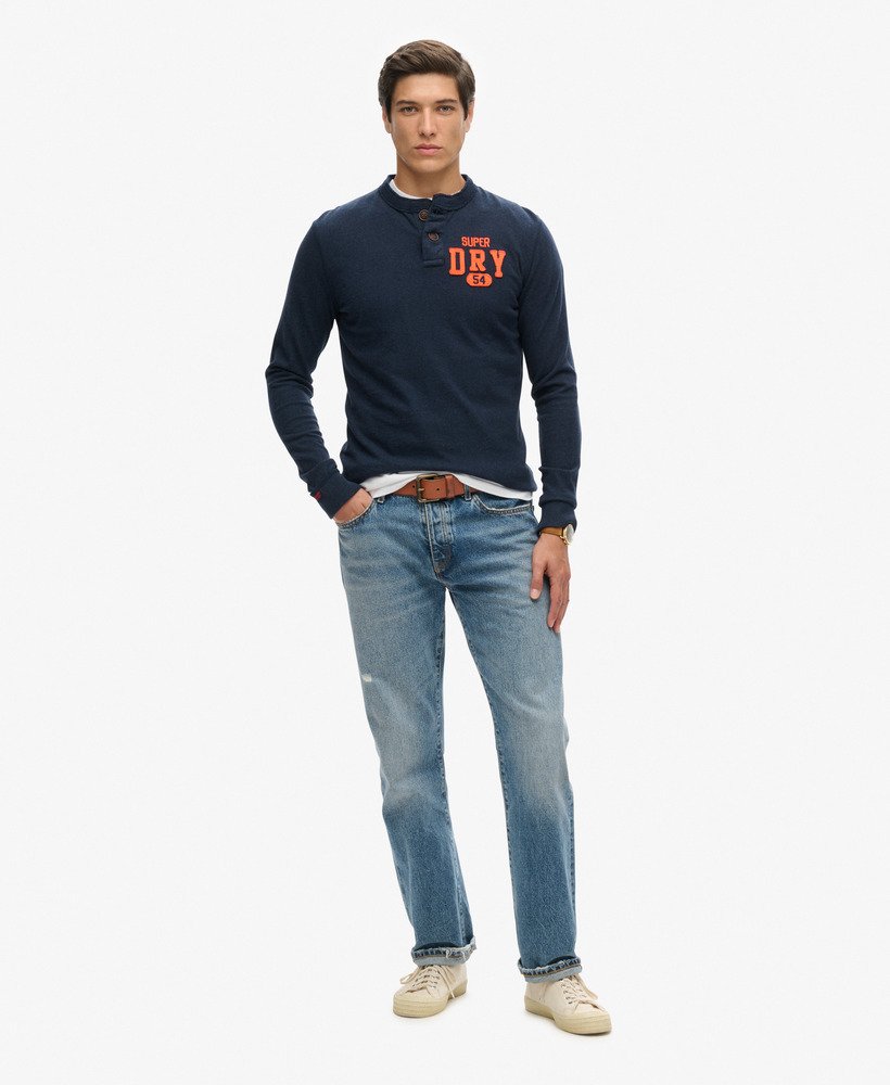 mens Vintage Athletic Long Sleeve Grandad Top in Trench Navy