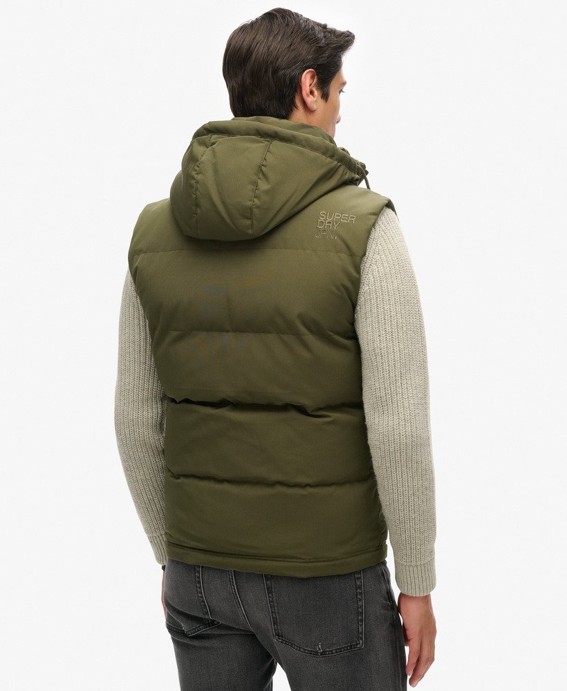 mens Everest Hooded Puffer Gilet in Surplus Goods Olive | Superdry US