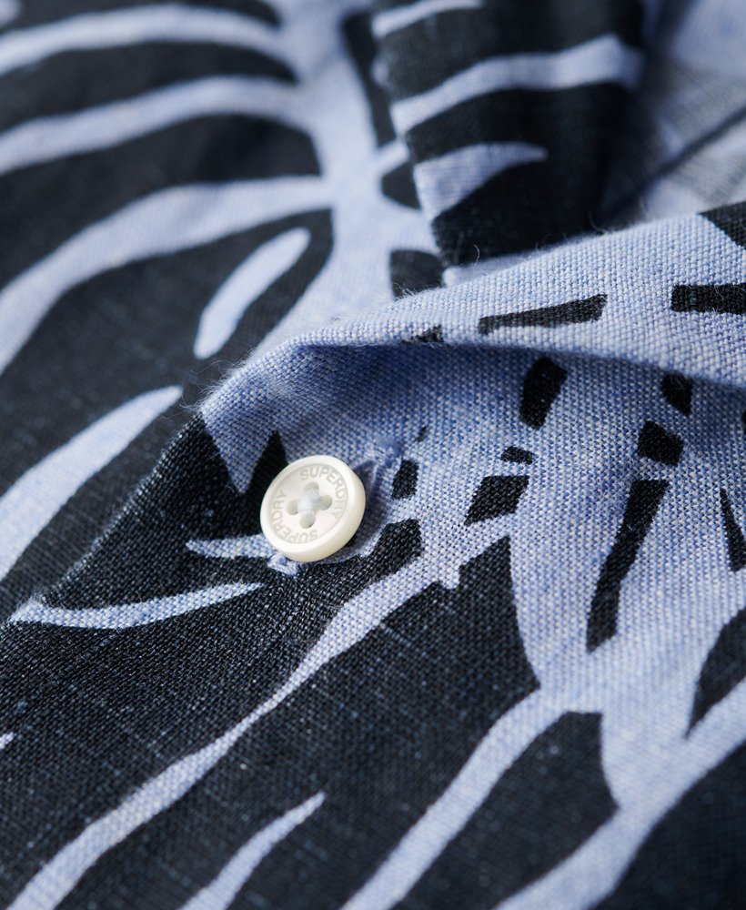 mens Open Collar Printed Linen Shirt in PHILIP PALM BLUE PRINT