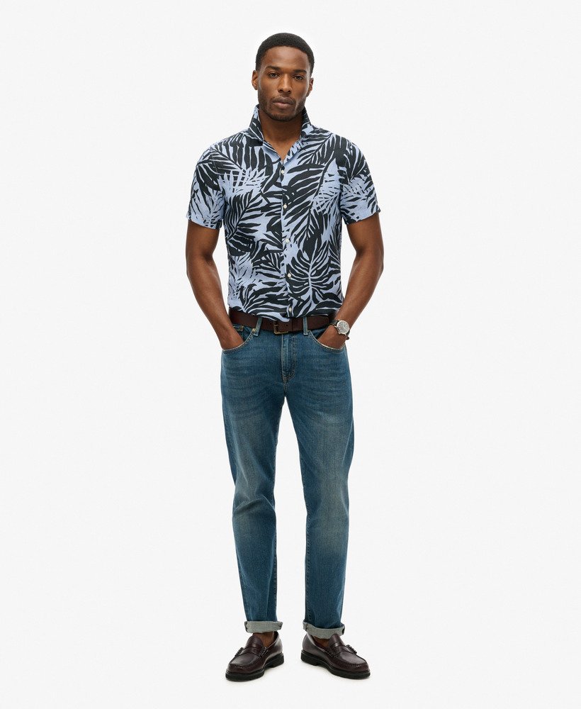mens Open Collar Printed Linen Shirt in PHILIP PALM BLUE PRINT