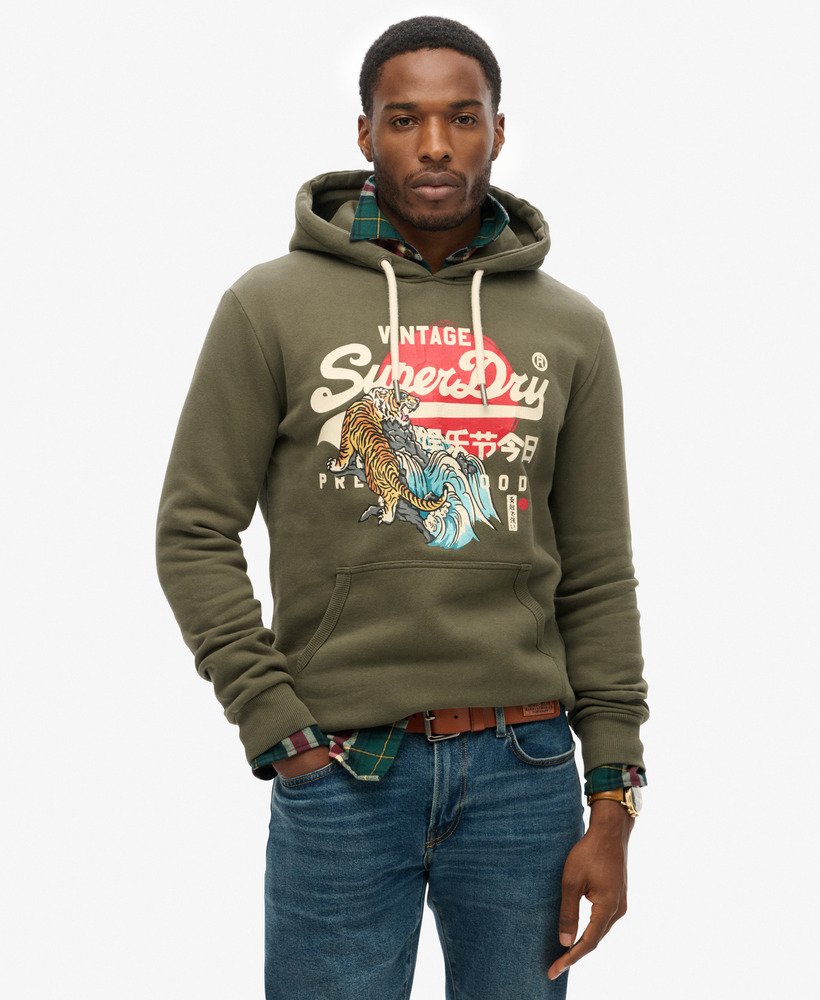 日本未入荷 【Superdry】Vintage Logo Itago フーディー 関/送込 mens Tokyo Vintage Logo Hoodie in Dark Khaki | Superdry US