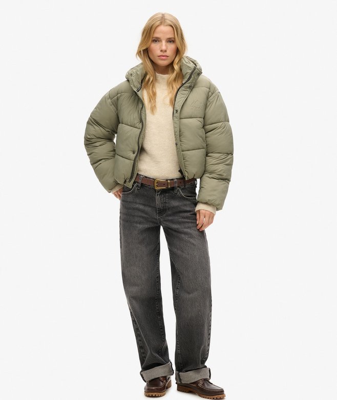 womens Cropped Cocoon Puffer Jacket in LIGHT KHAKI Superdry UK