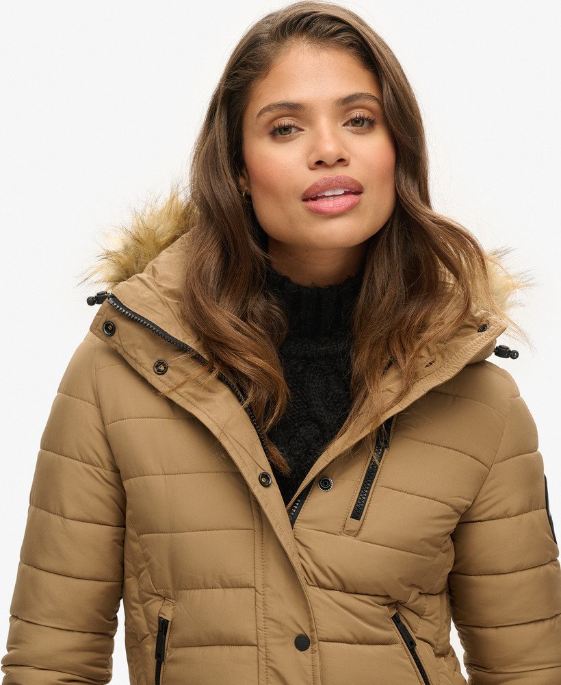 womens Fuji Hooded Mid Length Puffer Coat in Sandstone Brown