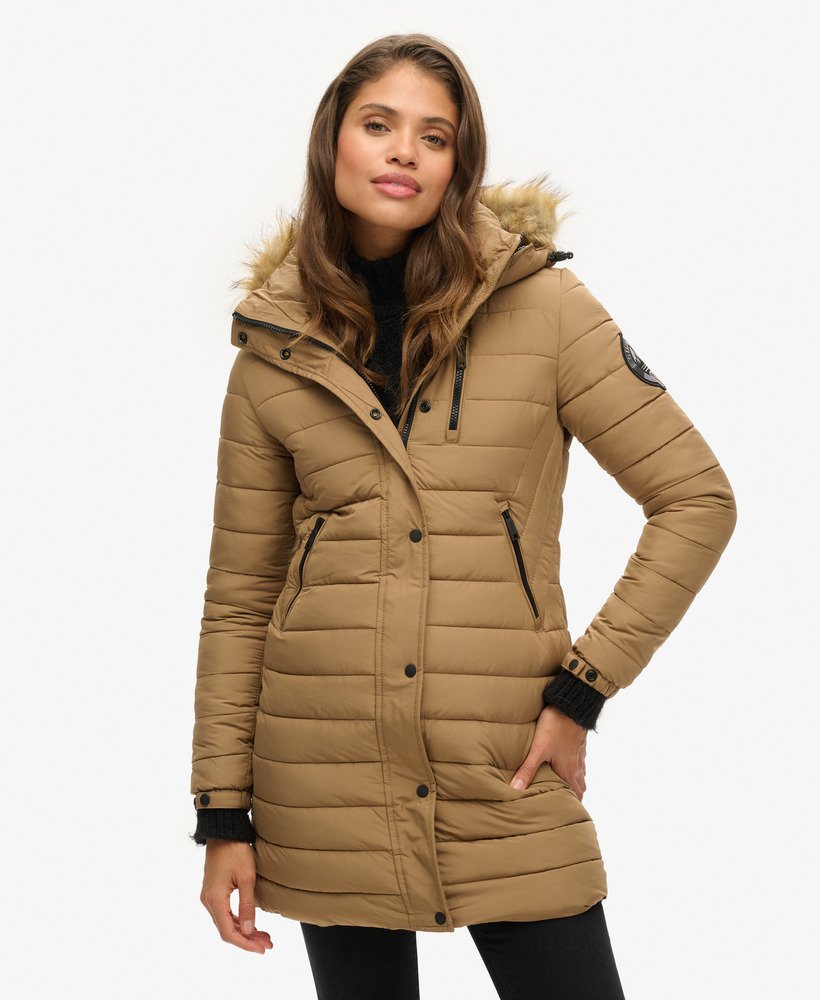 womens Fuji Hooded Mid Length Puffer Coat in Sandstone Brown