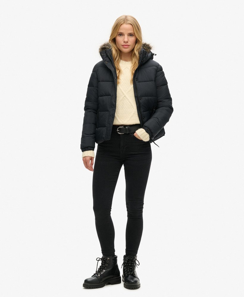 womens Faux Fur Short Hooded Puffer Jacket in JET BLACK | Superdry