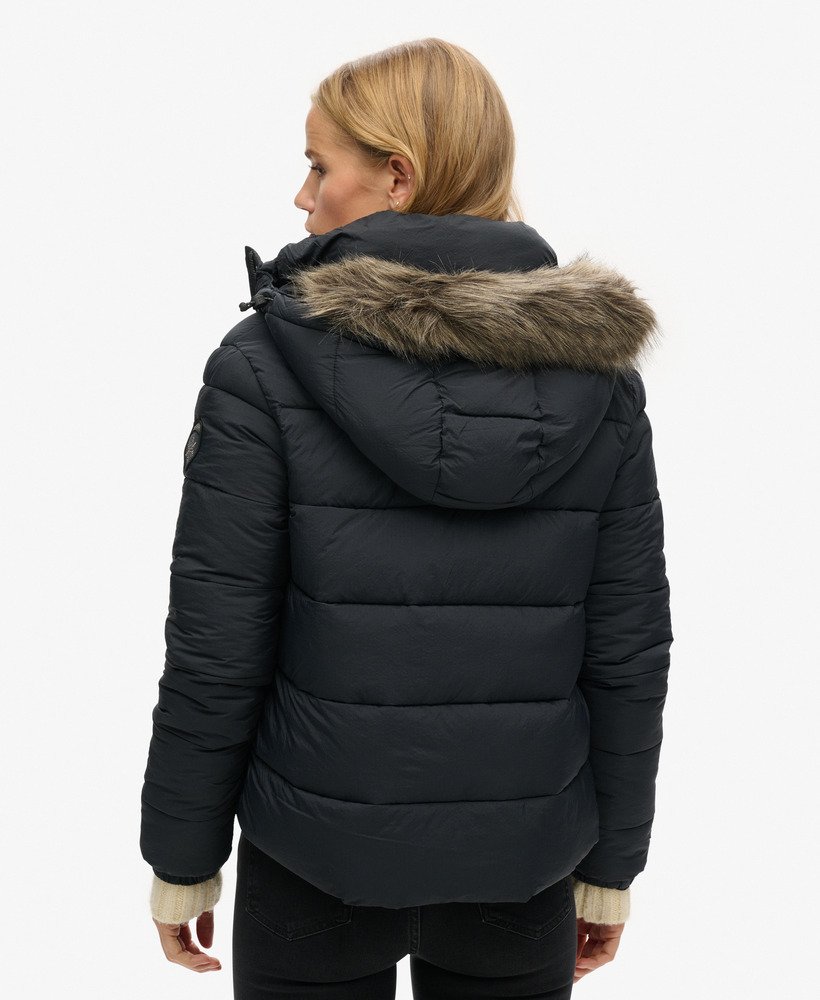 ジャケット・アウター Fur-Hooded Puffer Jacket womens Faux Fur Short Hooded Puffer Jacket in JET BLACK | Superdry