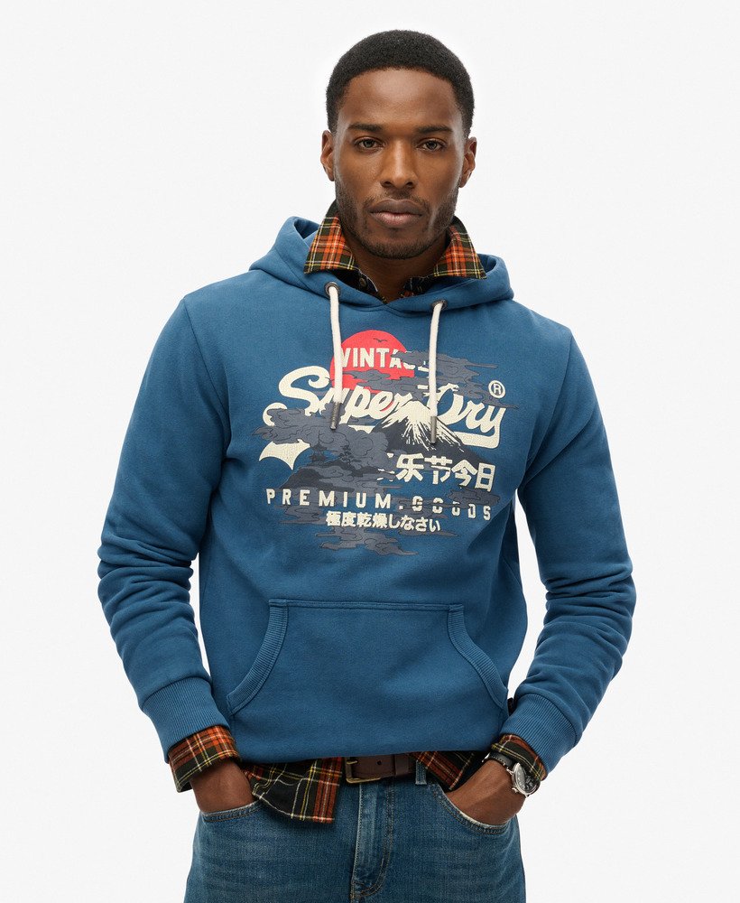 mens Tokyo Vintage Logo Graphic Hoodie in BLUE BOTTLE