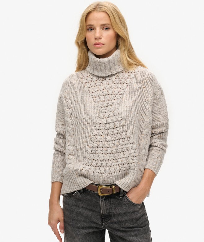 Grober Rollkragenpullover mit Zopfmuster wollweiß für Damen