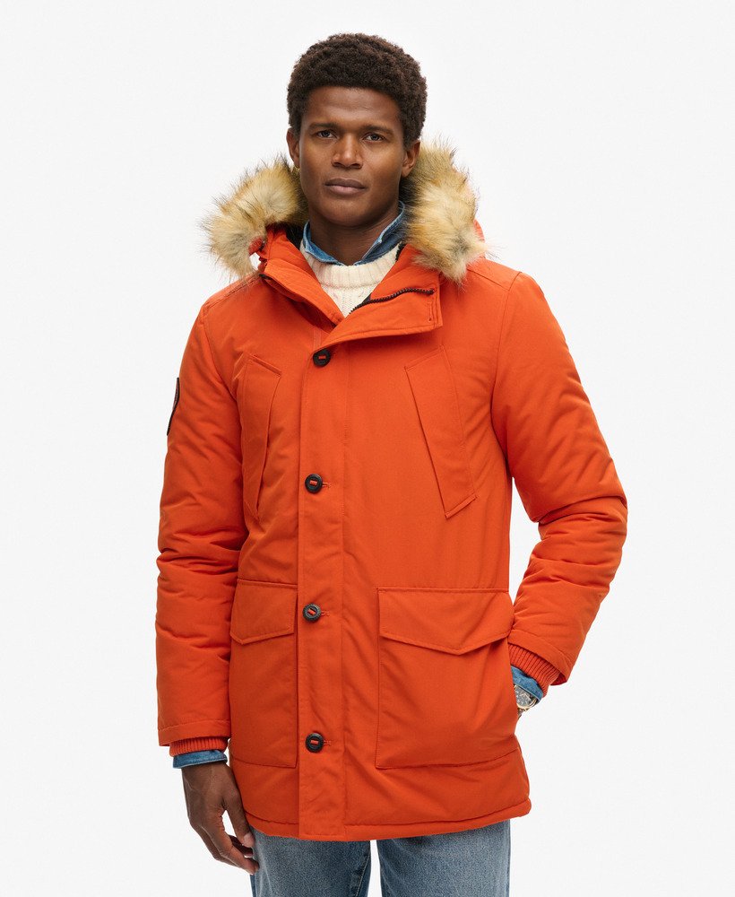 mens Everest Faux Fur Hooded Parka Coat in Pureed Pumpkin Orange