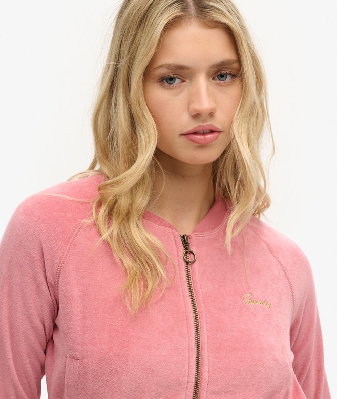 Embroidered Velour Zip Baseball Top