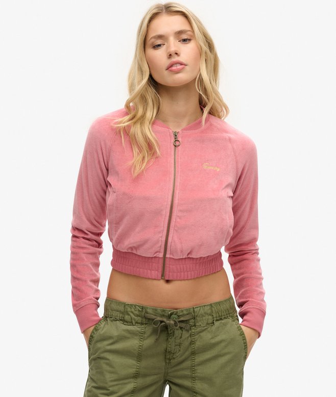 Embroidered Velour Zip Baseball Top
