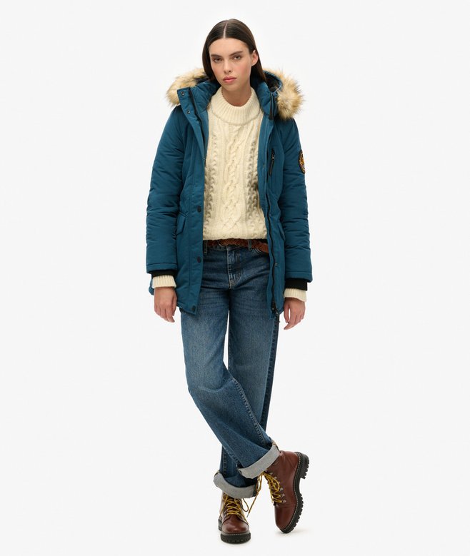 womens Hooded Everest Faux Fur Parka Coat in Ocean Blue Superdry UK