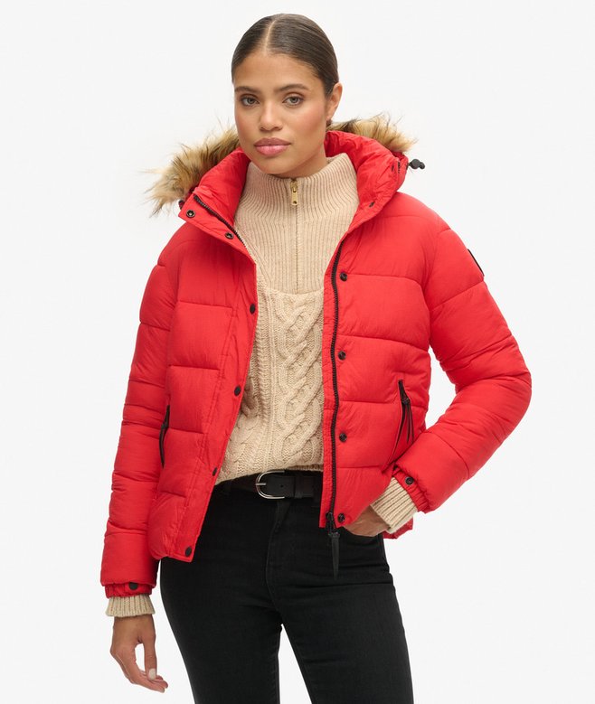 superdry Cazadora acolchada corta con capucha y ribete de pelo sintético