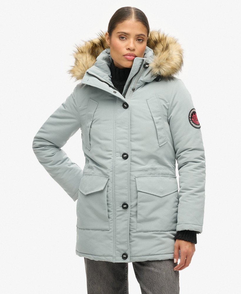 【NO ID.】Fraise High-Neck Zip Parka 2グレー womens Everest Faux Fur Hooded Parka Coat in Skylark Grey