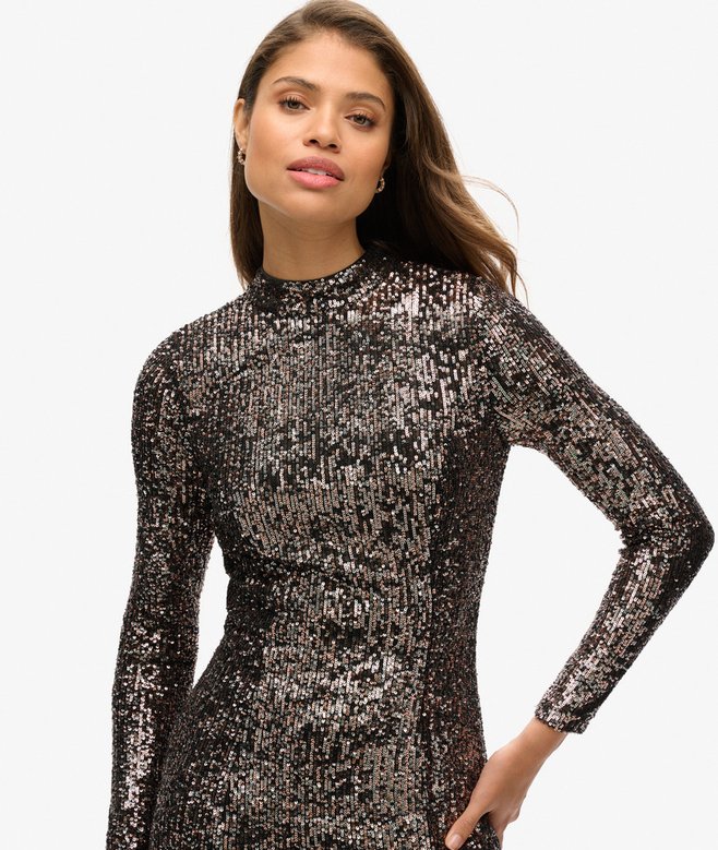 Superdry Long Sleeves Backless Sparkly Midi Dress Silver XL Woman