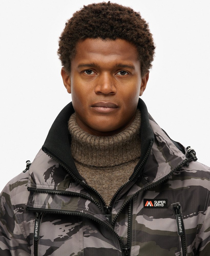 mens Hooded Mountain Windbreaker Jacket in Dark Grey Tiger Camo