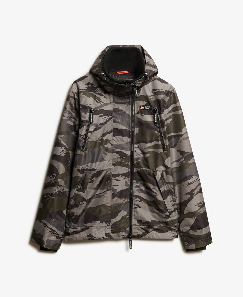 mens Hooded Mountain Windbreaker Jacket in Dark Grey Tiger Camo