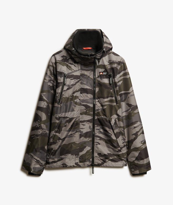 mens Hooded Mountain Windbreaker Jacket in Dark Grey Tiger Camo
